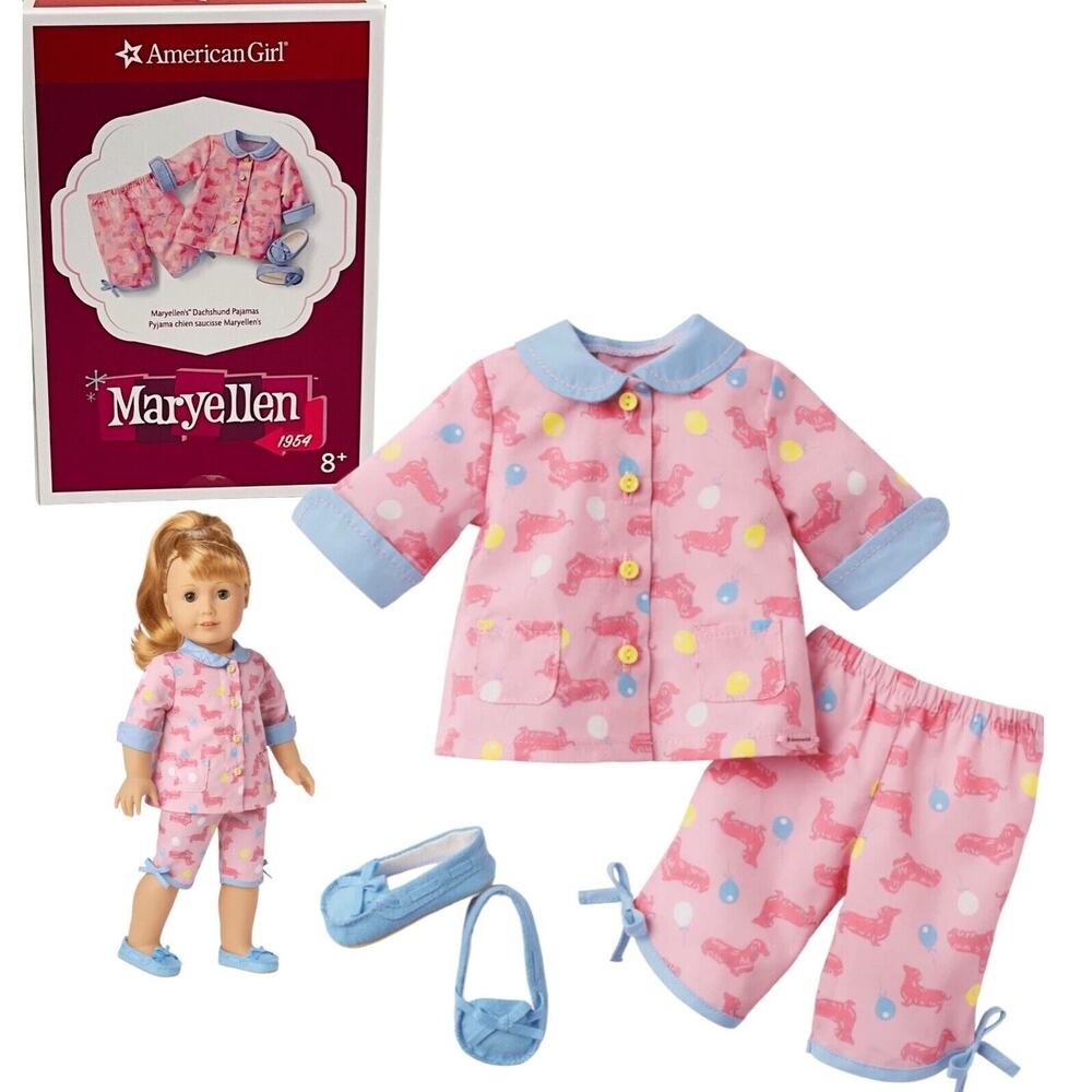 American Girl Maryellen Dachshund Pajamas Pink Dog Doll Pjs Top Pant Slipper Box